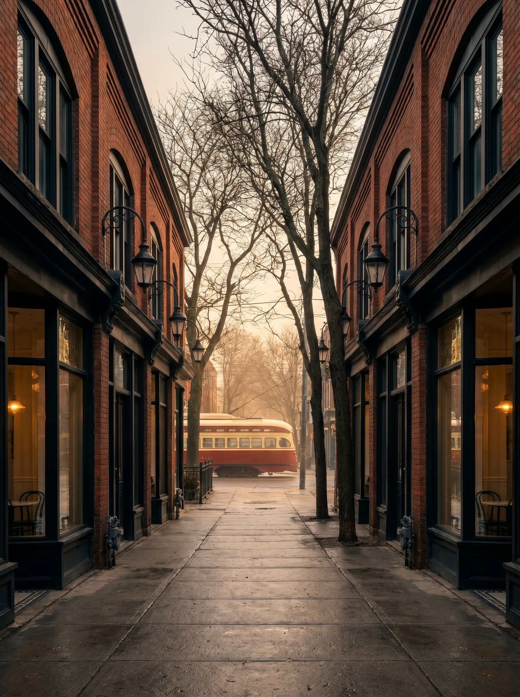 Queen Street East in Leslieville at golden hour, with heritage brick storefronts and a vintage TTC streetcar in the distance